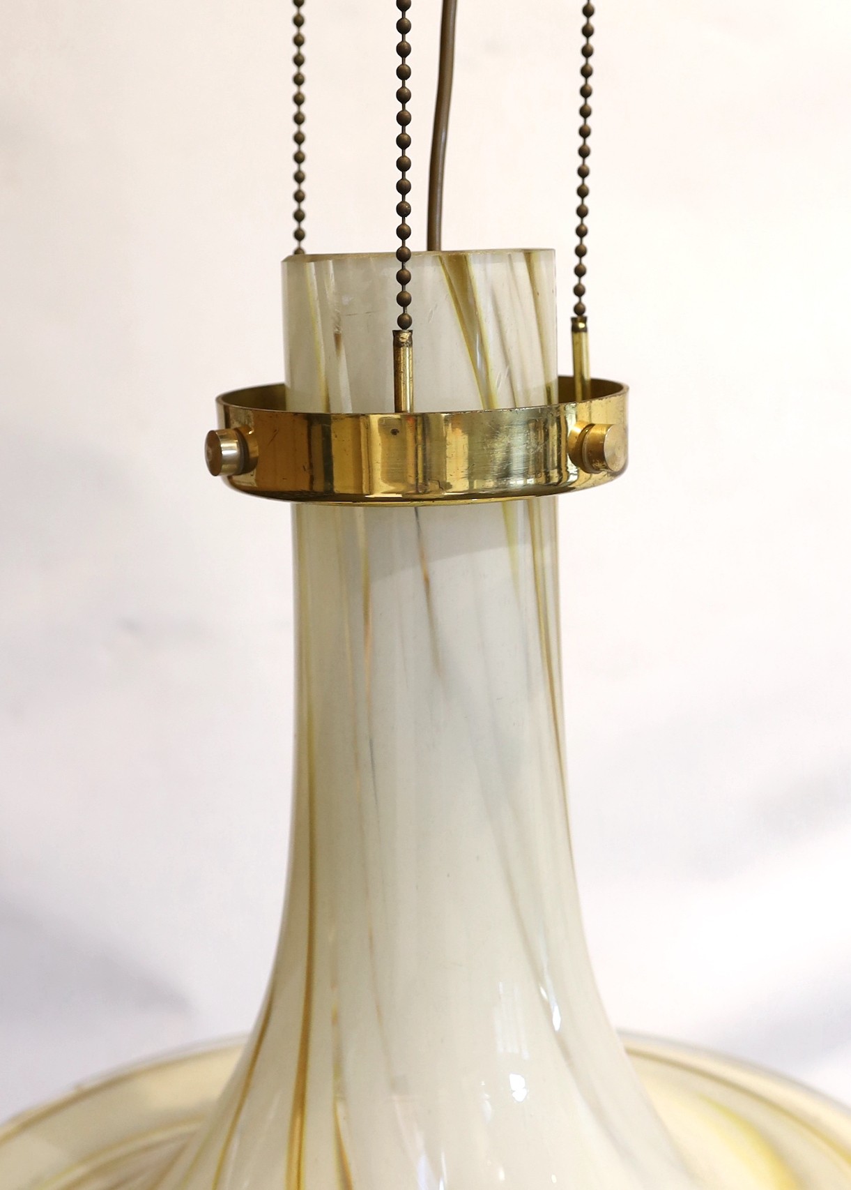 A 1960s Italian lacquered brass and marbled glass pendant ceiling light, height 64cm. diameter 41cm